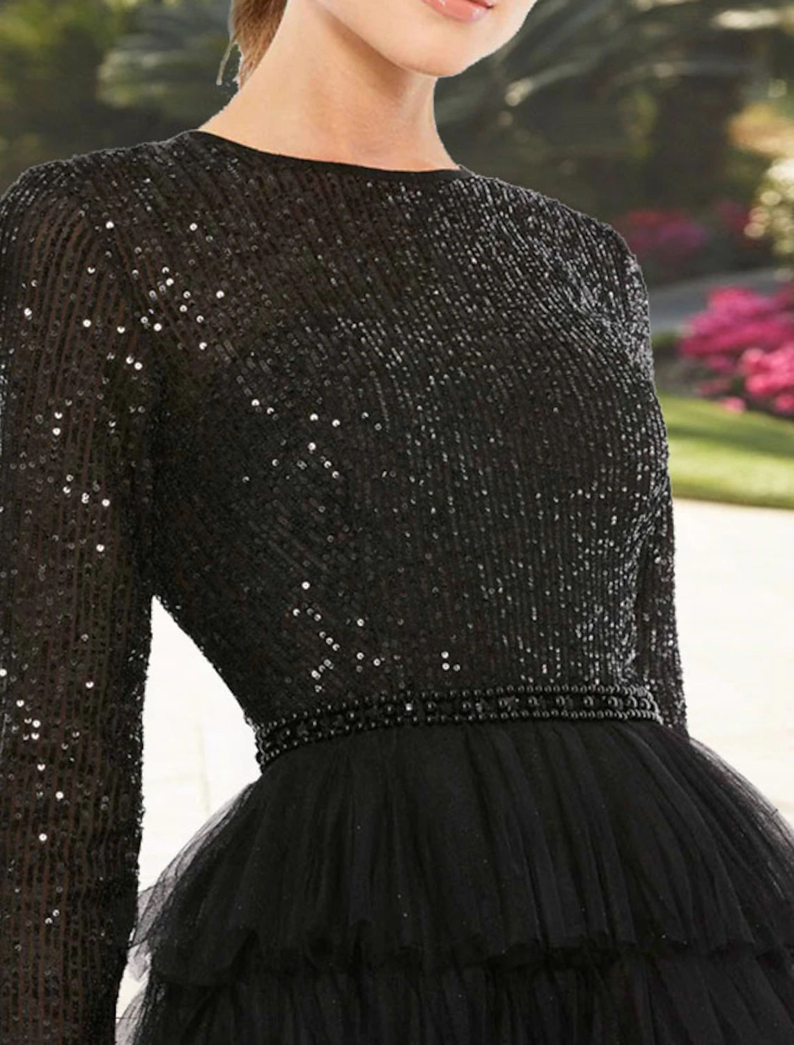 Abiti da cocktail a trapezio, eleganti, da invitare a nozze, da indossare in occasione di feste, lunghezza tè, maniche lunghe, scollo gioiello, in tulle con paillettes a strati.